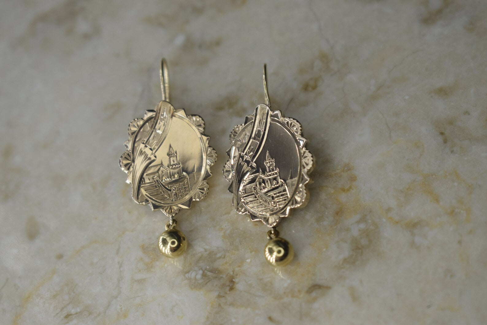 Antique Victorian 14k Gold Scenic Castle Hand Engraved Earrings