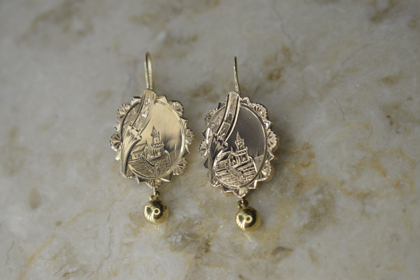 Antique Victorian 14k Gold Scenic Castle Hand Engraved Earrings
