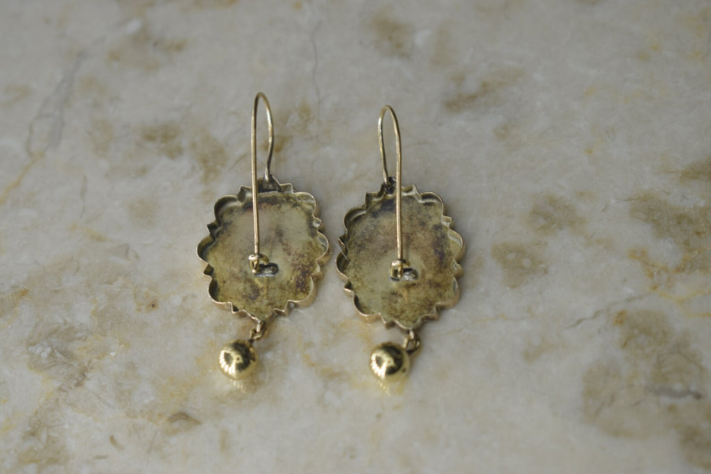 Antique Victorian 14k Gold Scenic Castle Hand Engraved Earrings