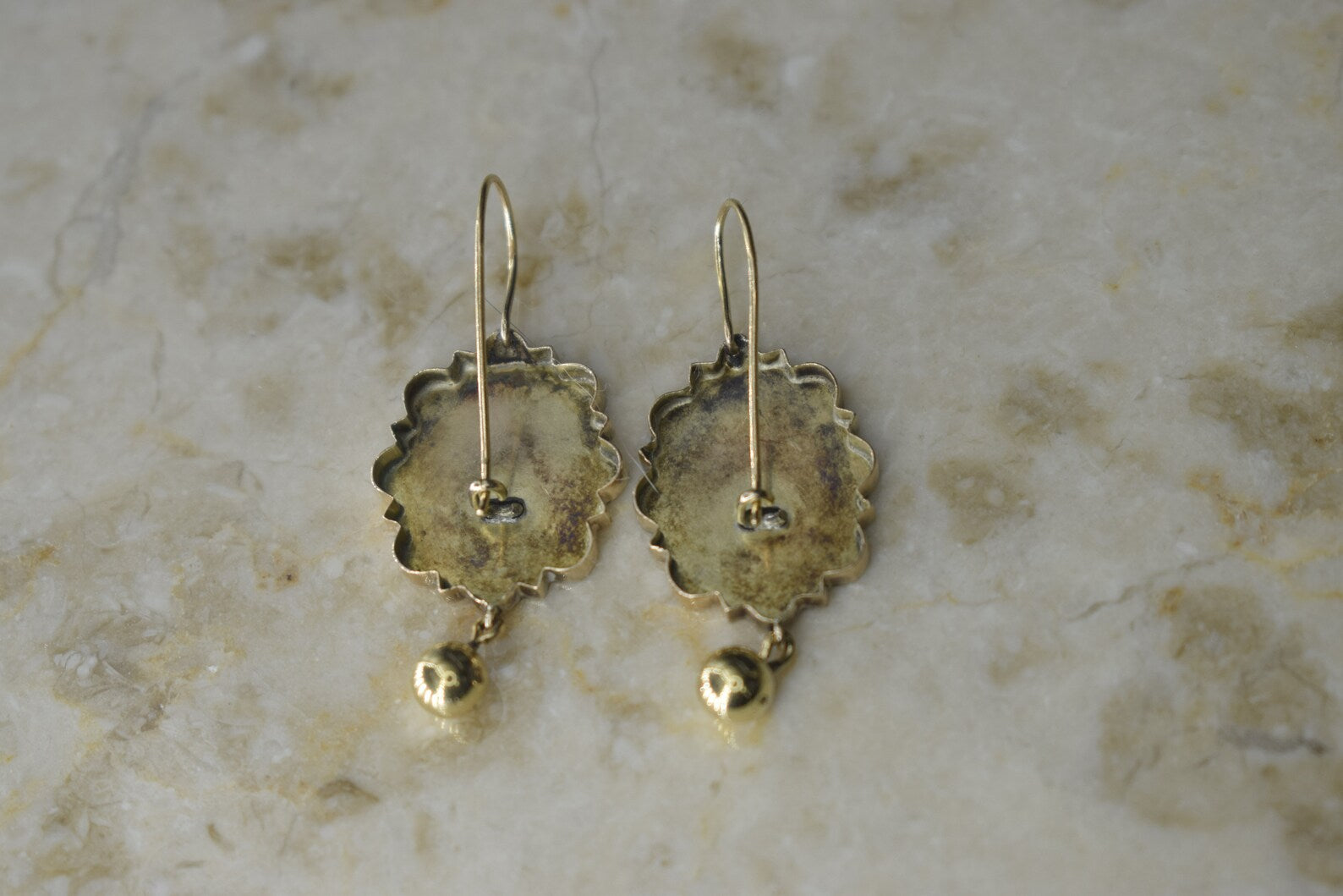 Antique Victorian 14k Gold Scenic Castle Hand Engraved Earrings