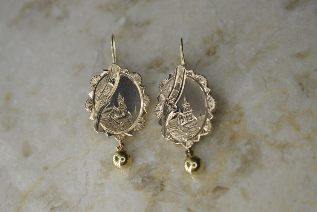 Antique Victorian 14k Gold Scenic Castle Hand Engraved Earrings