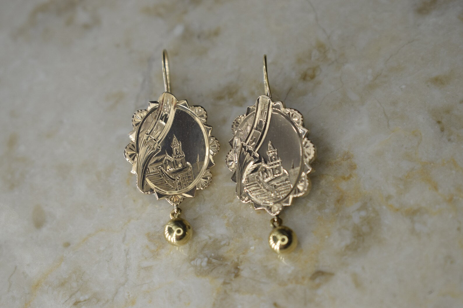 Antique Victorian 14k Gold Scenic Castle Hand Engraved Earrings