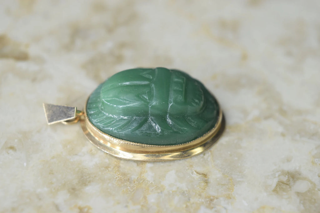 Vintage Scarab Pendant Green Molded Glass with 14k Gold Frame
