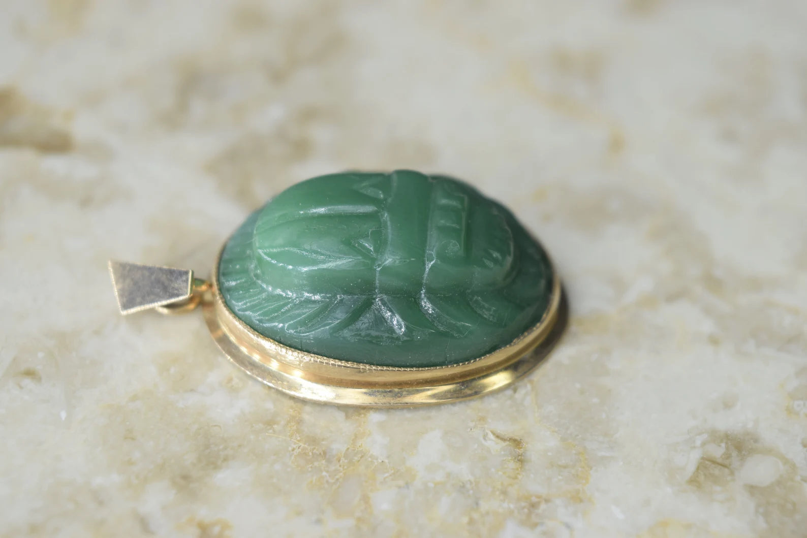 Vintage Scarab Pendant Green Molded Glass with 14k Gold Frame