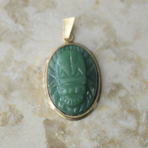 Vintage Scarab Pendant Green Molded Glass with 14k Gold Frame