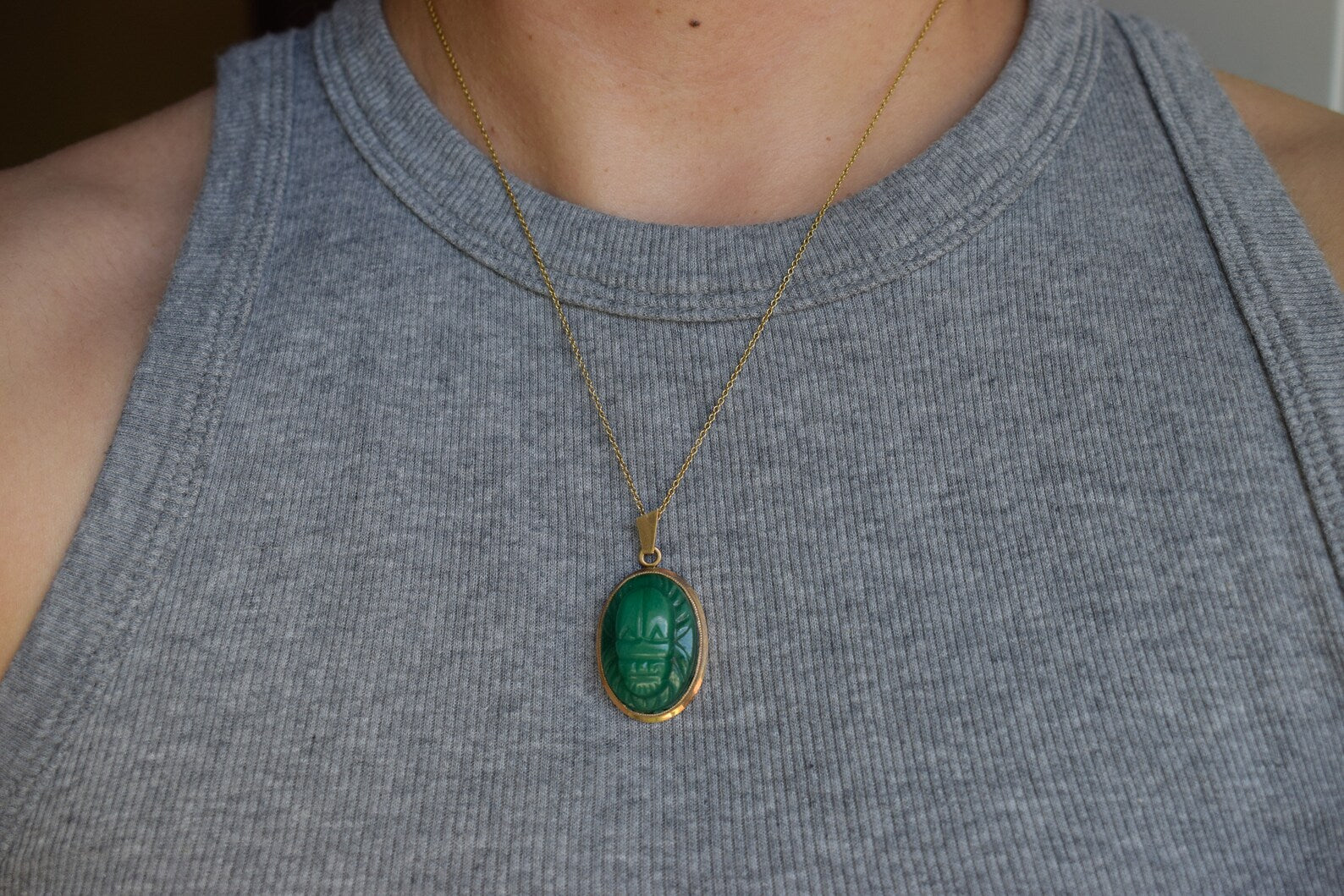 Vintage Scarab Pendant Green Molded Glass with 14k Gold Frame
