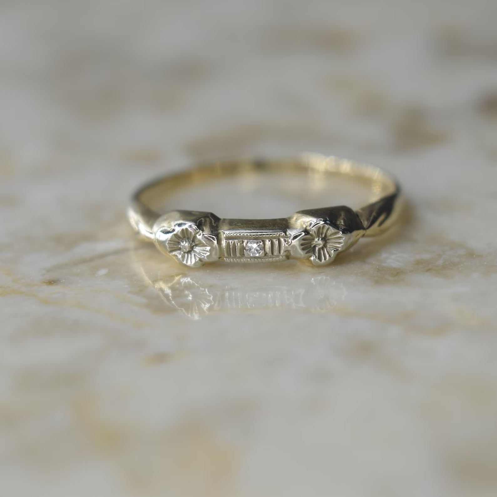 Vintage 14k Orange Blossom Band With Single Cut Diamond c.1930s