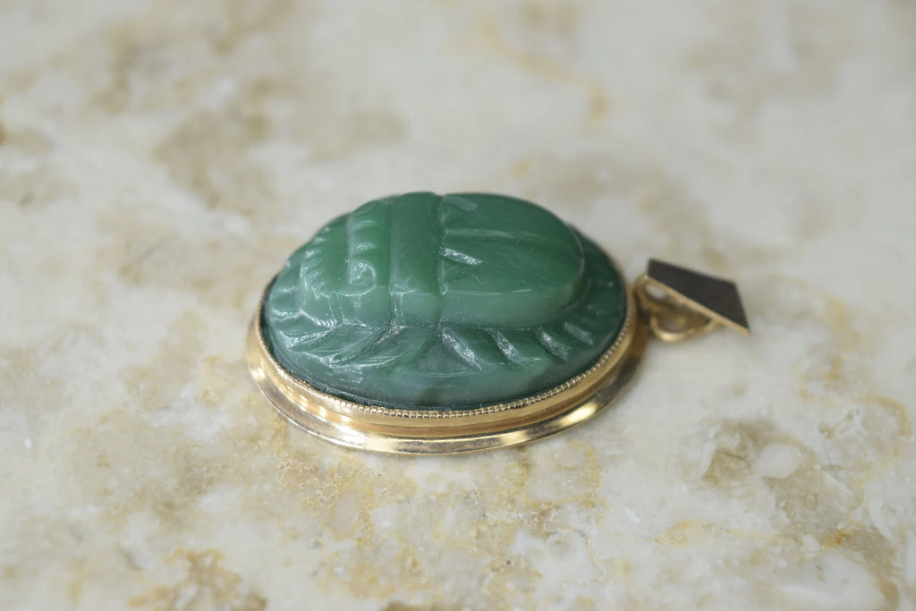 Vintage Scarab Pendant Green Molded Glass with 14k Gold Frame