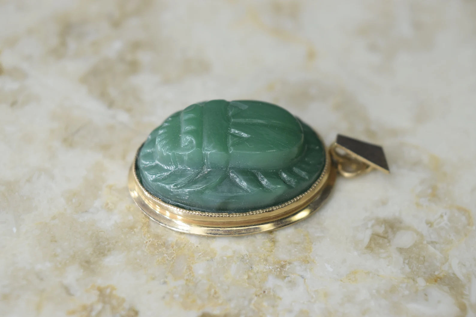 Vintage Scarab Pendant Green Molded Glass with 14k Gold Frame