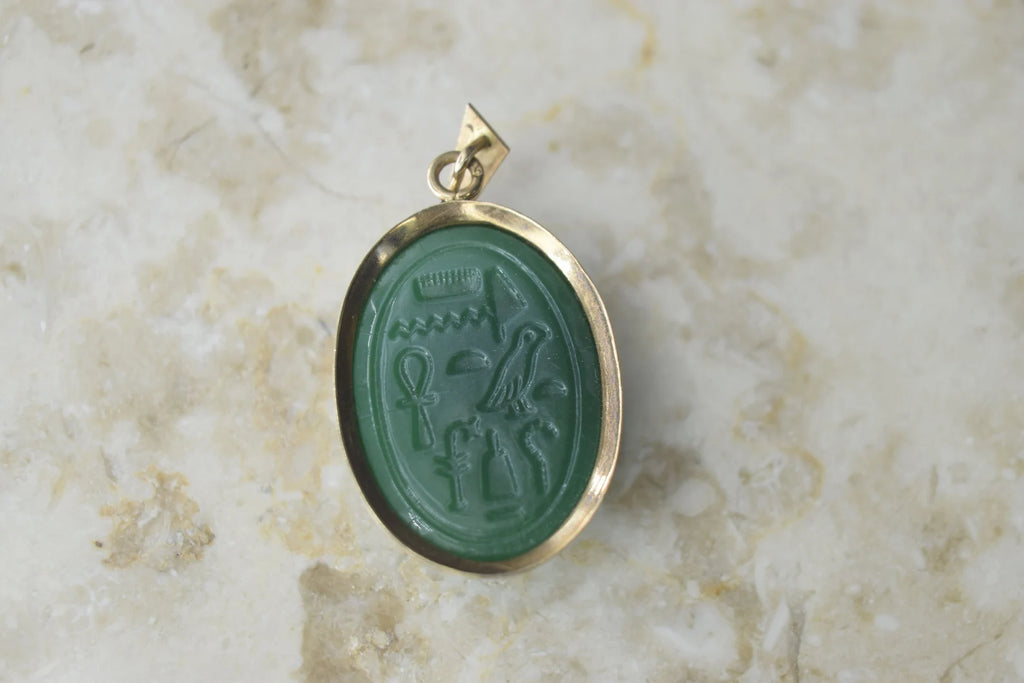 Vintage Scarab Pendant Green Molded Glass with 14k Gold Frame