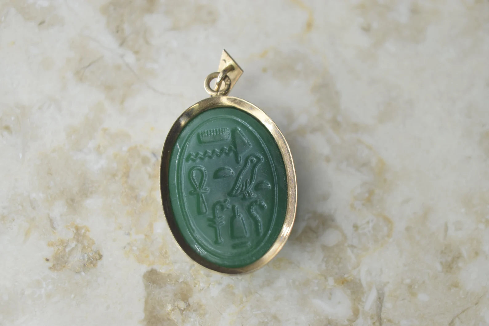 Vintage Scarab Pendant Green Molded Glass with 14k Gold Frame