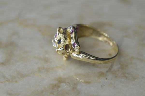 Vintage 14k Gold Ruby and Sapphire Leopard Ring c.1990s