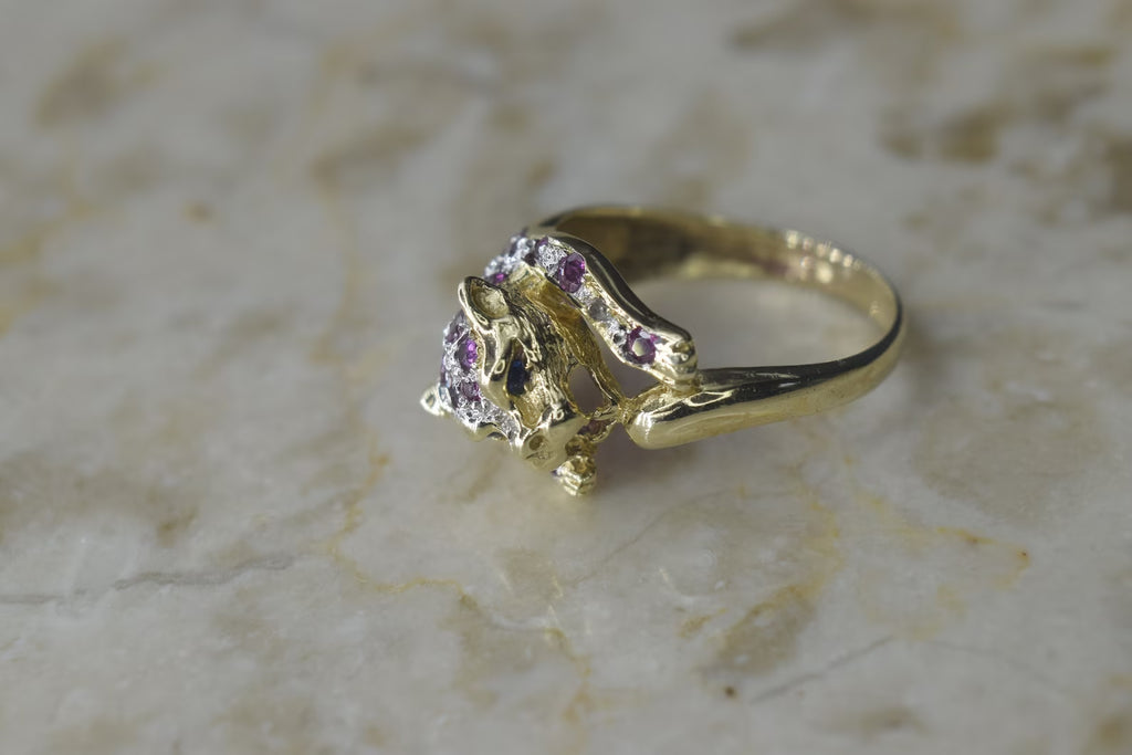 Vintage 14k Gold Ruby and Sapphire Leopard Ring c.1990s