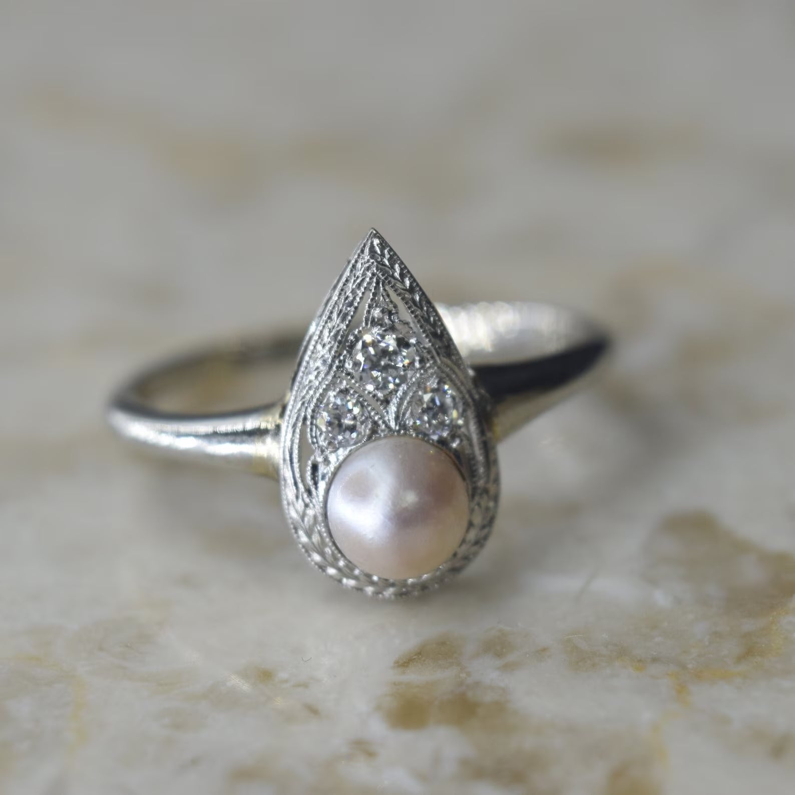 Antique Art Deco 14k White Gold Diamond and Pearl Ring
