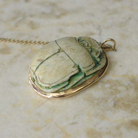 Vintage Large Faience Scarab Pendant in 14k Gold Frame