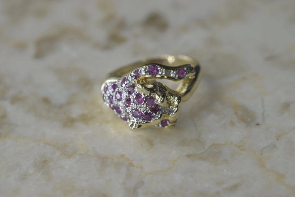 Vintage 14k Gold Ruby and Sapphire Leopard Ring c.1990s