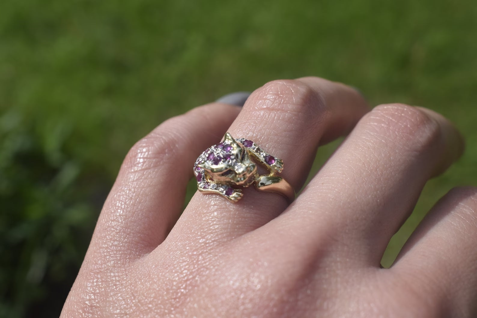 Vintage 14k Gold Ruby and Sapphire Leopard Ring c.1990s