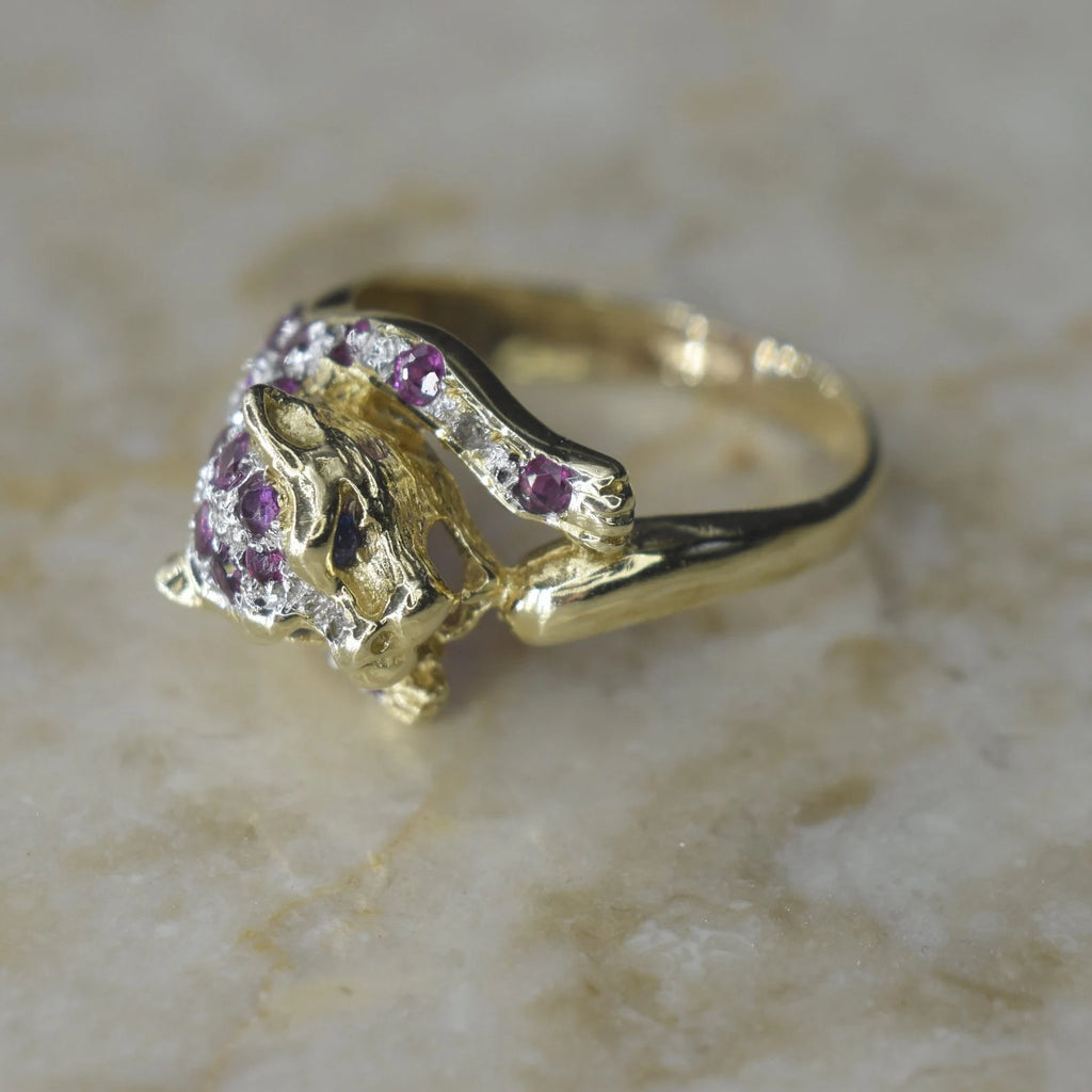 Vintage 14k Gold Ruby and Sapphire Leopard Ring c.1990s