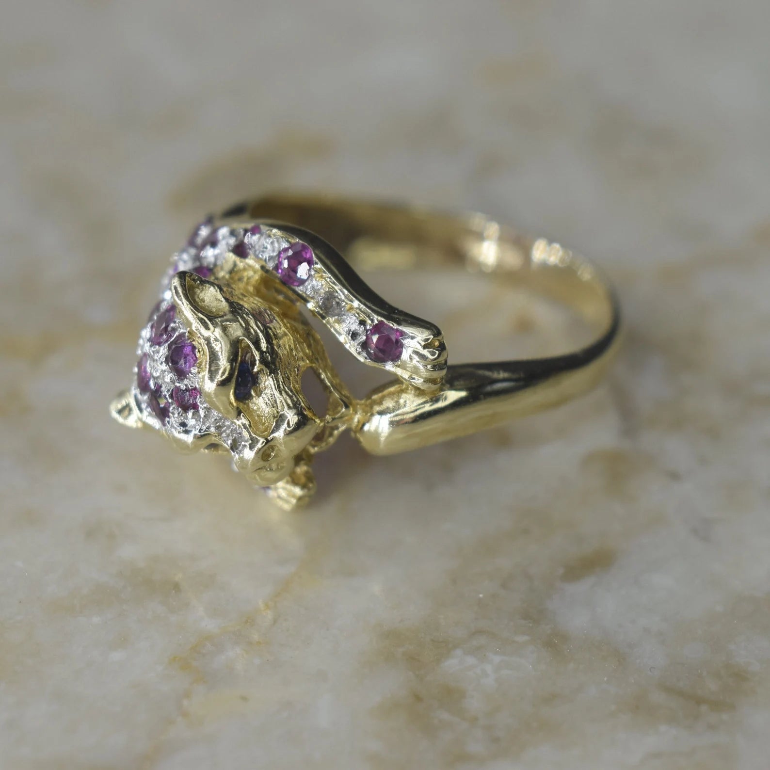 Vintage 14k Gold Ruby and Sapphire Leopard Ring c.1990s