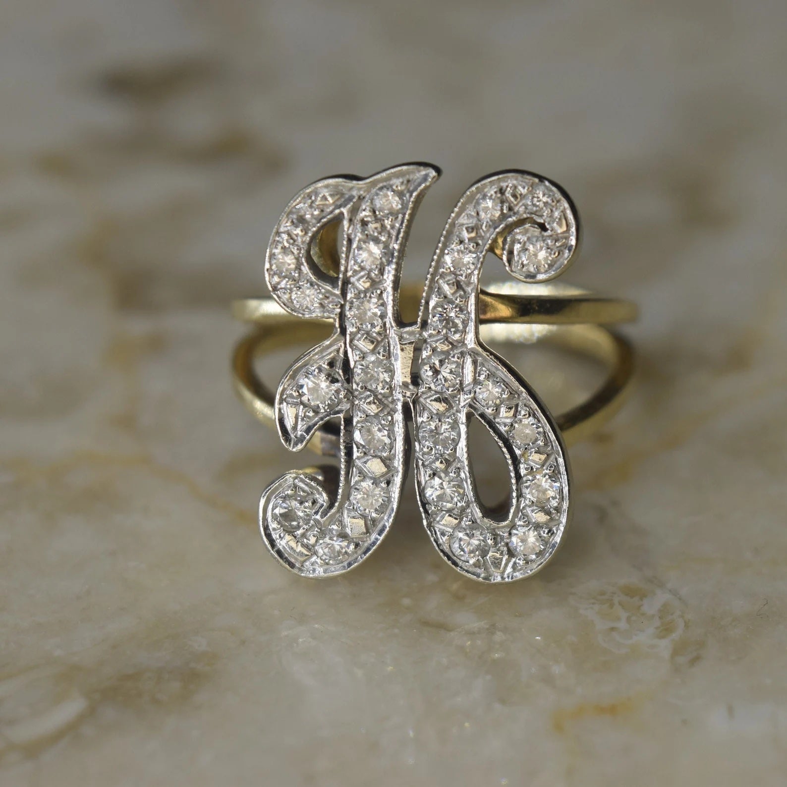 Vintage 14k Gold and Diamond H Monogram Ring c.1960s
