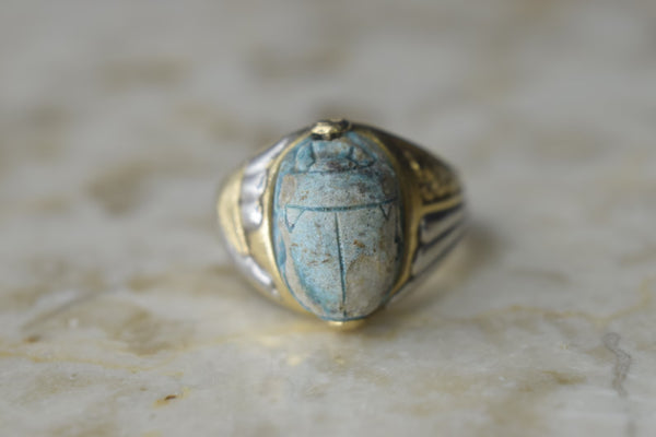 Antique Victorian Egyptian Revival Scarab Ring 18k Gold and Platinum c.1890s