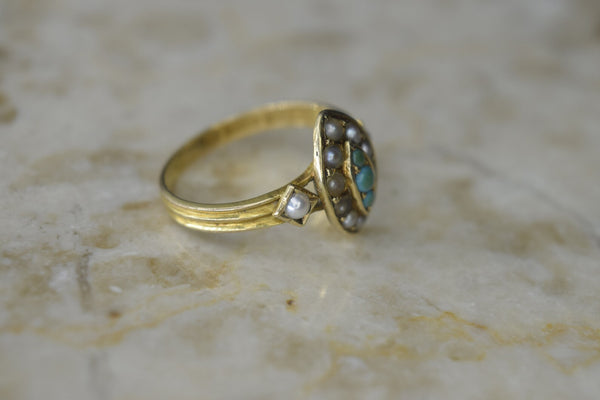 Antique Victorian 15k Gold Turquoise and Seed Pearl Ring Hallmarked 1897 Birmingham England