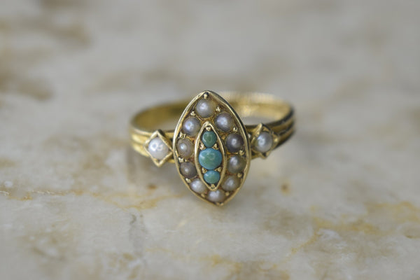 Antique Victorian 15k Gold Turquoise and Seed Pearl Ring Hallmarked 1897 Birmingham England