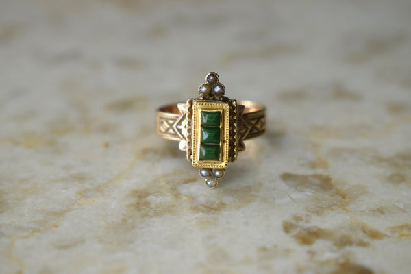 Antique Victorian 14k Gold Green Turquoise and Seed Pearl Ring c.1880s