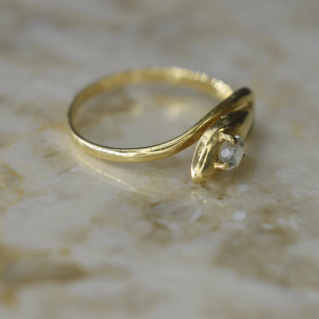 Antique 18k Gold Snake Ring with Rose Cut Diamond c.1900