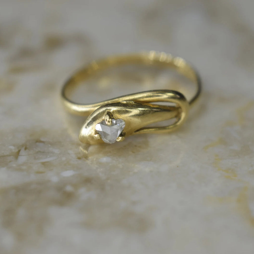 Antique 18k Gold Snake Ring with Rose Cut Diamond c.1900