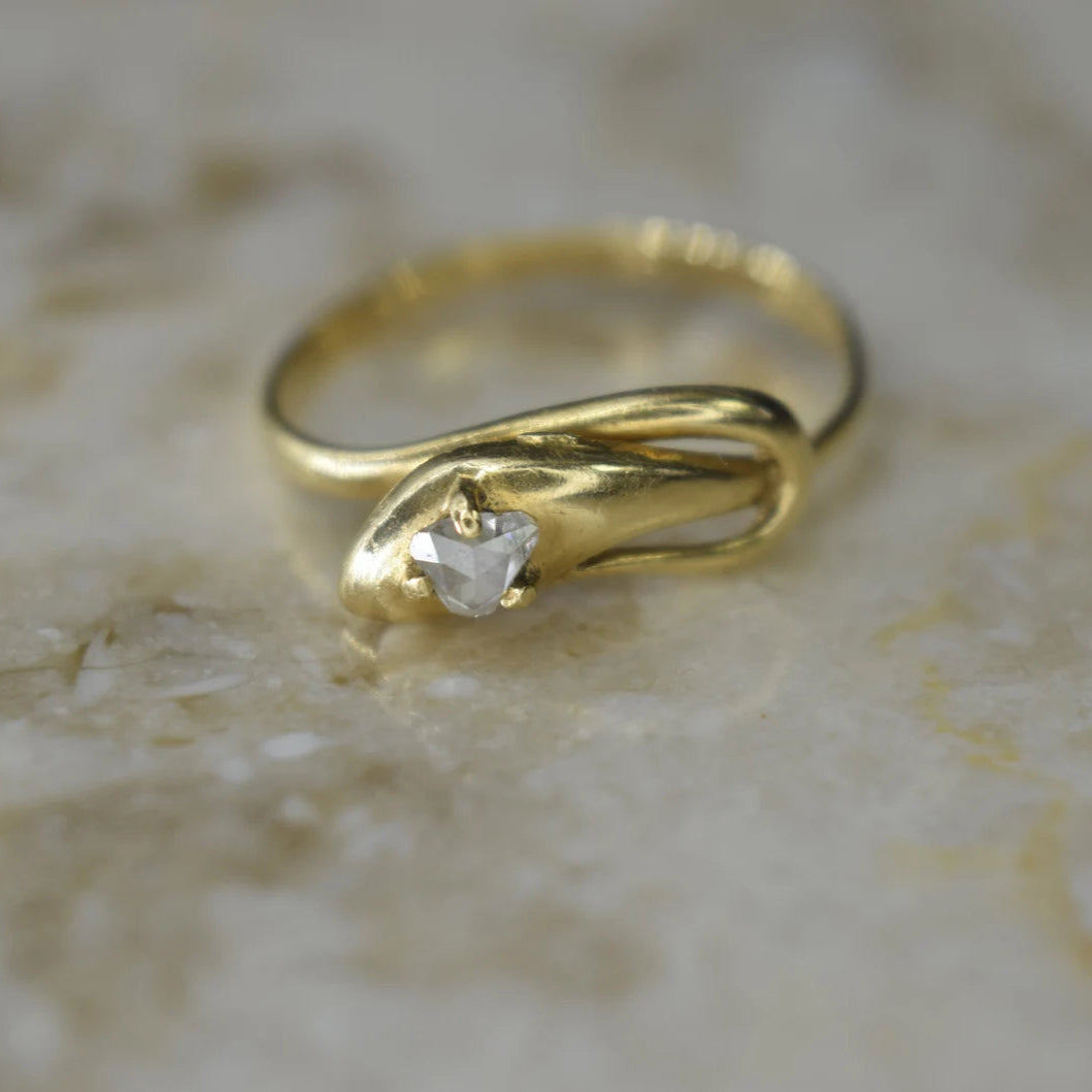Antique 18k Gold Snake Ring with Rose Cut Diamond c.1900