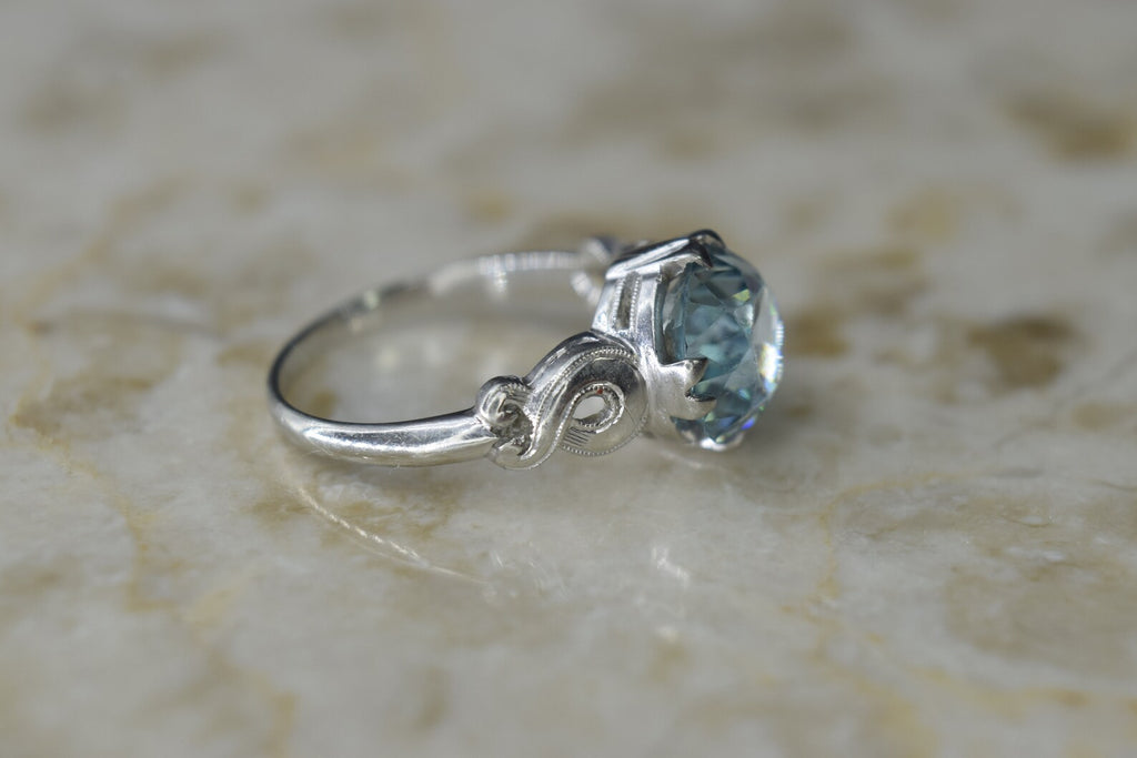 Vintage 14k White Gold Blue Zircon Ring c.1940s