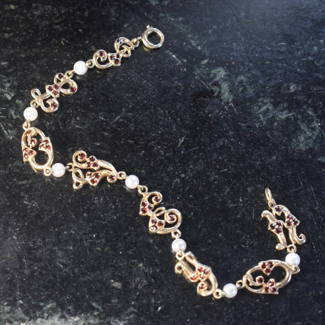 Vintage 14k Gold Garnet and Cultured Pearl “I Love You” Bracelet