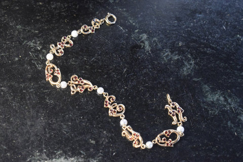 Vintage 14k Gold Garnet and Cultured Pearl “I Love You” Bracelet