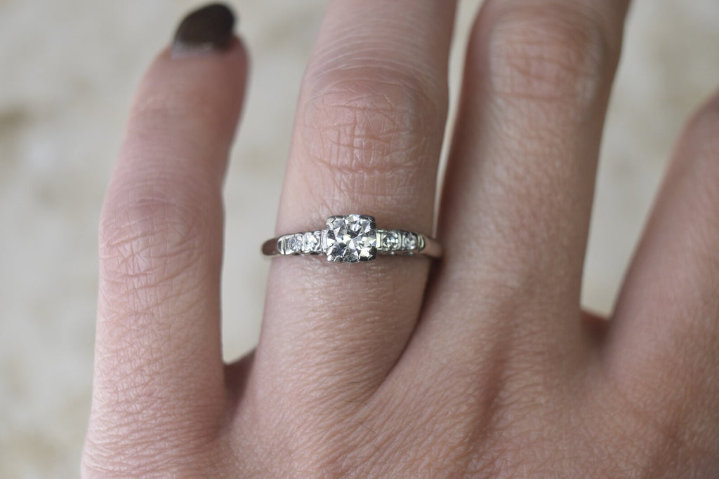 Vintage 14k White Gold Transitional Cut Diamond Ring .62 ctw