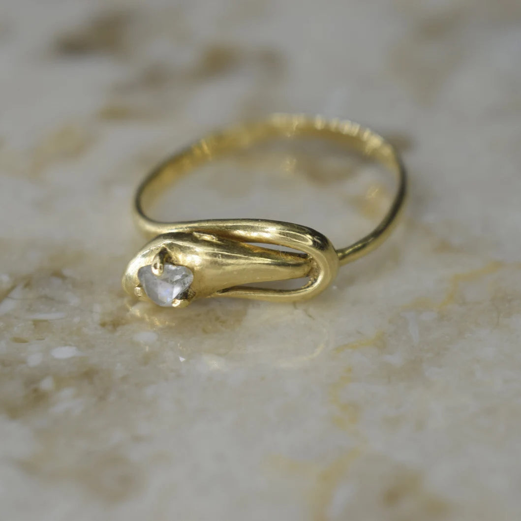 Antique 18k Gold Snake Ring with Rose Cut Diamond c.1900