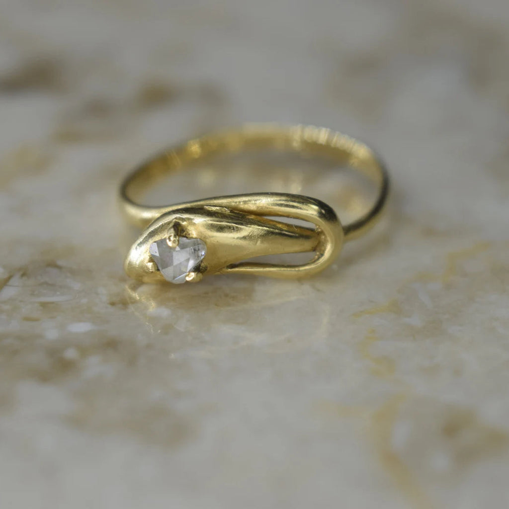 Antique 18k Gold Snake Ring with Rose Cut Diamond c.1900