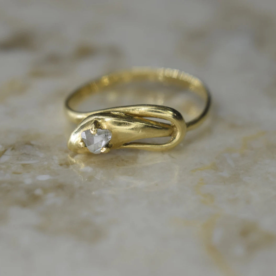 Antique 18k Gold Snake Ring with Rose Cut Diamond c.1900