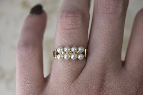 Vintage 14k Gold Ring with Pearls and Diamonds c.1980s