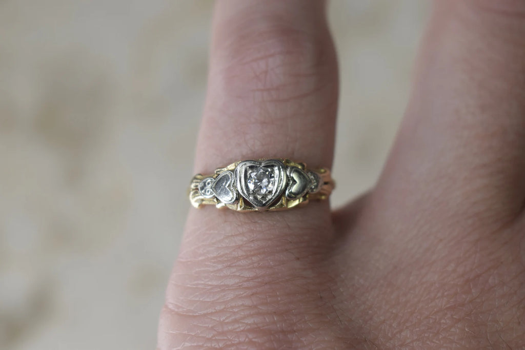 Vintage 14k Gold Heart Ring with .15 ct Diamond c.1950s