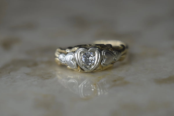 Vintage 14k Gold Heart Ring with .15 ct Diamond c.1950s