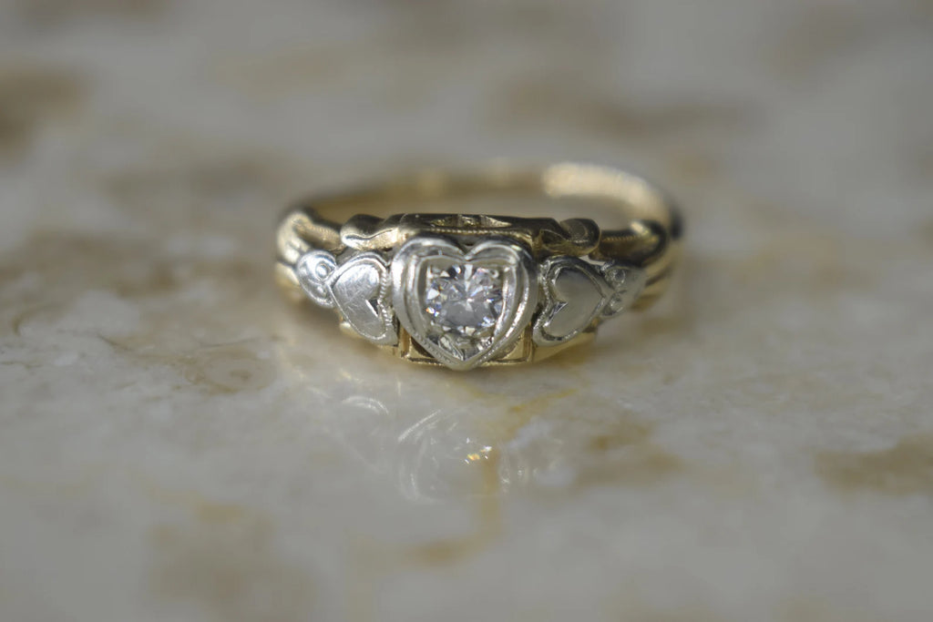 Vintage 14k Gold Heart Ring with .15 ct Diamond c.1950s