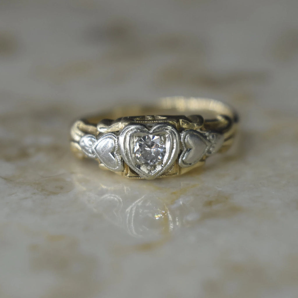 Vintage 14k Gold Heart Ring with .15 ct Diamond c.1950s