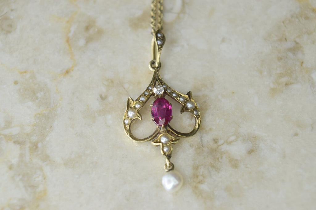 Antique Edwardian 14k Gold Ruby, Diamond, and Seed Pearl Lavaliere Charm c.1901