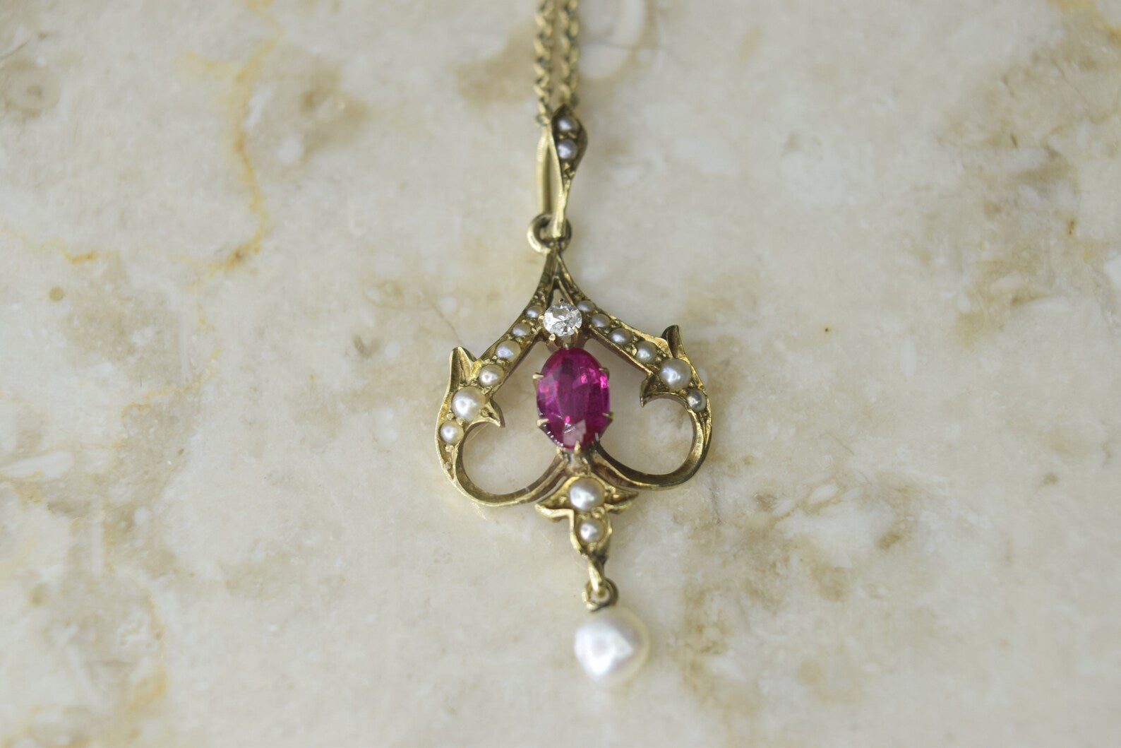 Antique Edwardian 14k Gold Ruby, Diamond, and Seed Pearl Lavaliere Charm c.1901