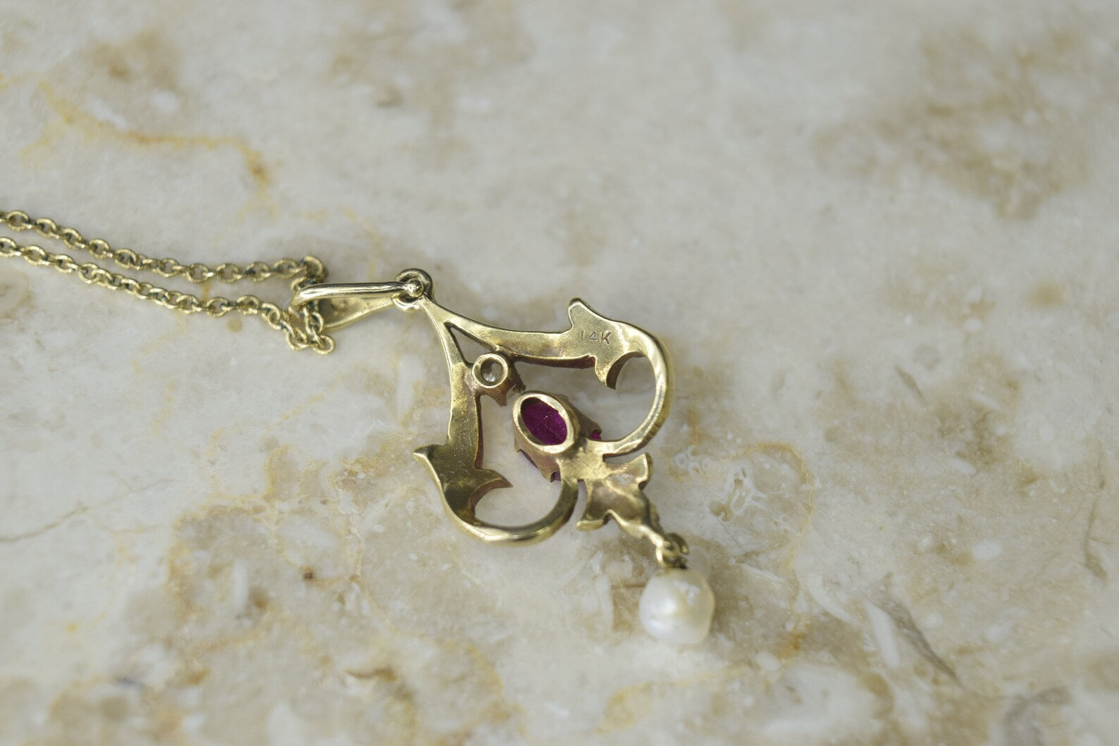 Antique Edwardian 14k Gold Ruby, Diamond, and Seed Pearl Lavaliere Charm c.1901