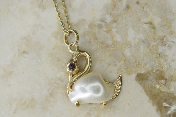 Vintage 14k Gold and Baroque Pearl Swan Charm Necklace c.1970s