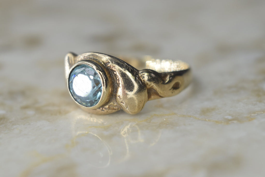 Antique Victorian 14k Gold Double Snake Ring with Blue Zircon c.1890s