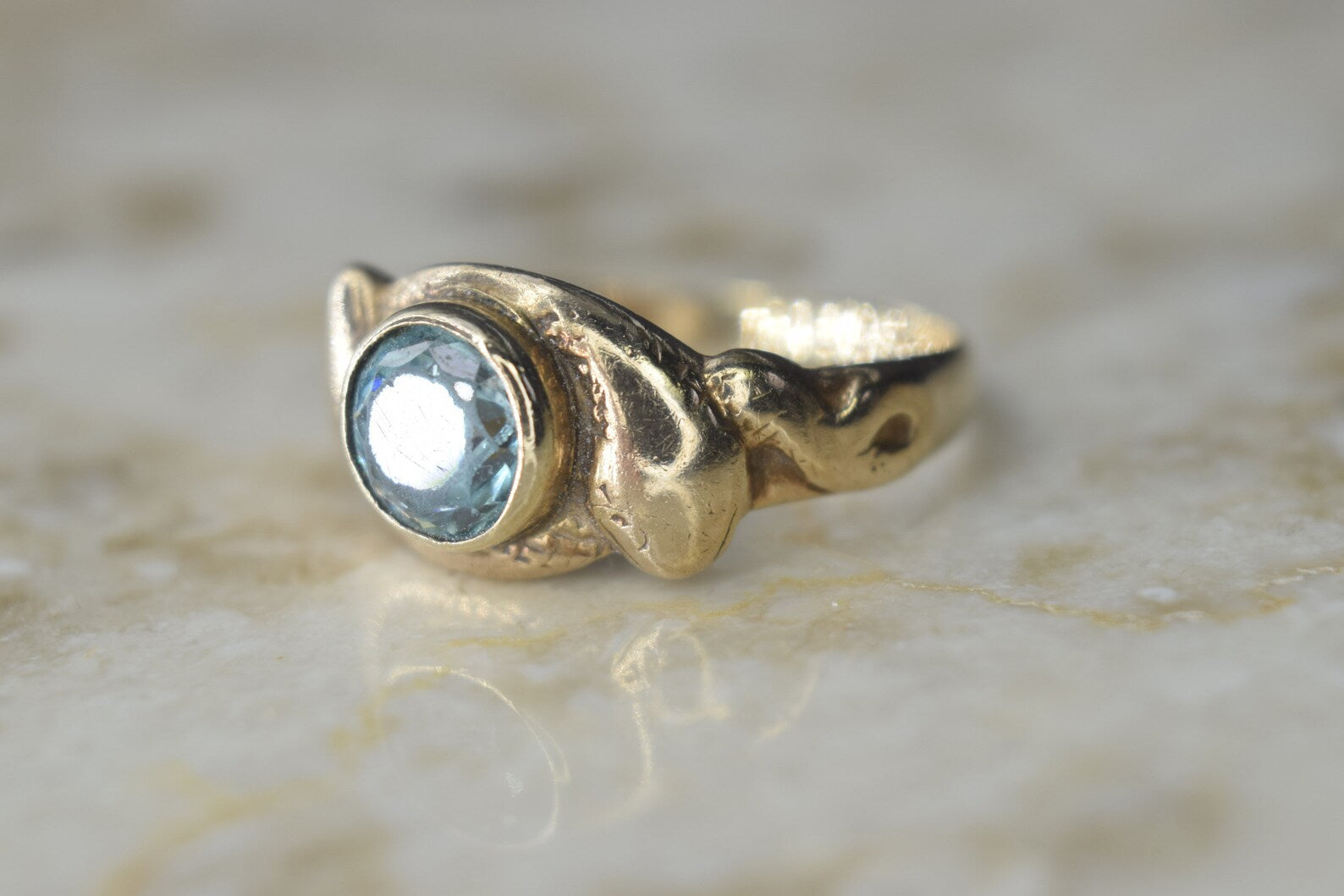 Antique Victorian 14k Gold Double Snake Ring with Blue Zircon c.1890s