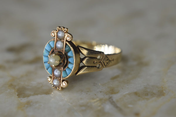Antique Victorian 14k Gold Ring with Turquoise and Seed Pearls Dated 1887